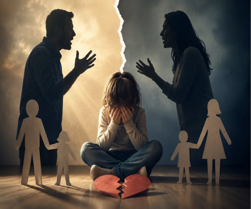 en la foto sale un niño agachado en medio de dos padres discutiendo