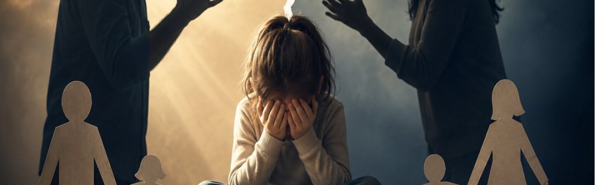 en la foto sale un niño agachado en medio de dos padres discutiendo